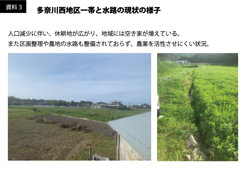 岬町多奈川西地区一帯と水路の現状の様子。人口減少に伴い、休耕地が広がり、空き家が増えている。また区画整理や農地の水路もされておらず、農業を活性できない。