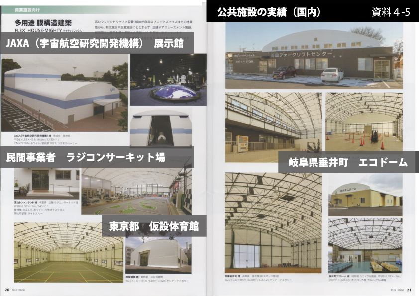 屋内スケートボード（スケボー）パークの建屋の提案。提案するドーム型施設は、世界の施工実績として、公共施設も数多くある。国内実績として、岐阜県垂井町エコドームや、JAXA宇宙航空研究開発機構展示館、ラジコンサーキット場や東京都の仮説体育館などもある。